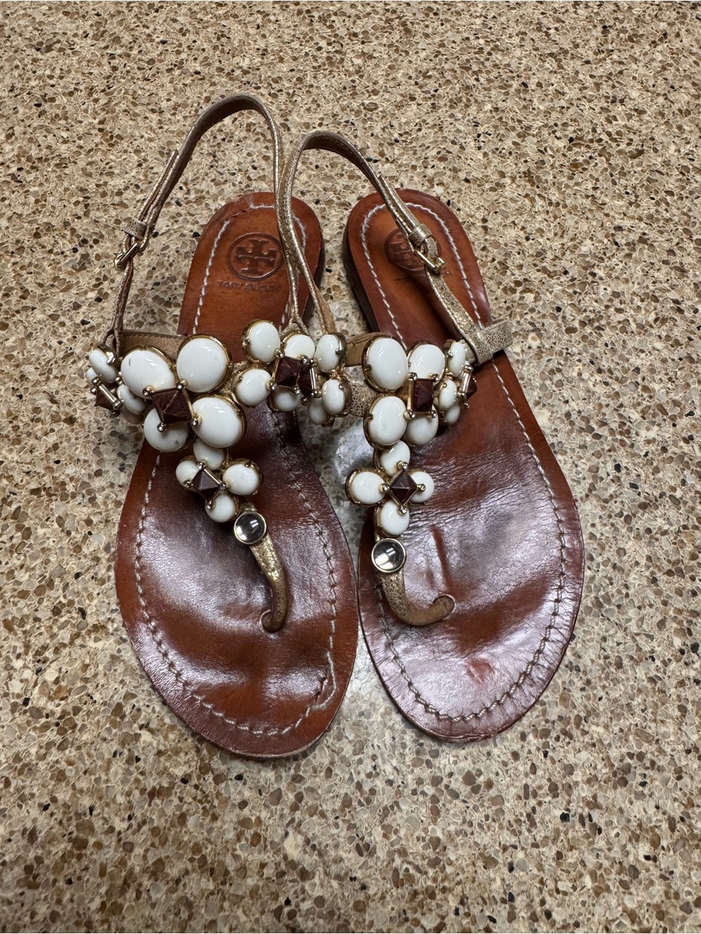 Tory Burch Brown Leather Thong Sandals with White Gemstone Embellishment